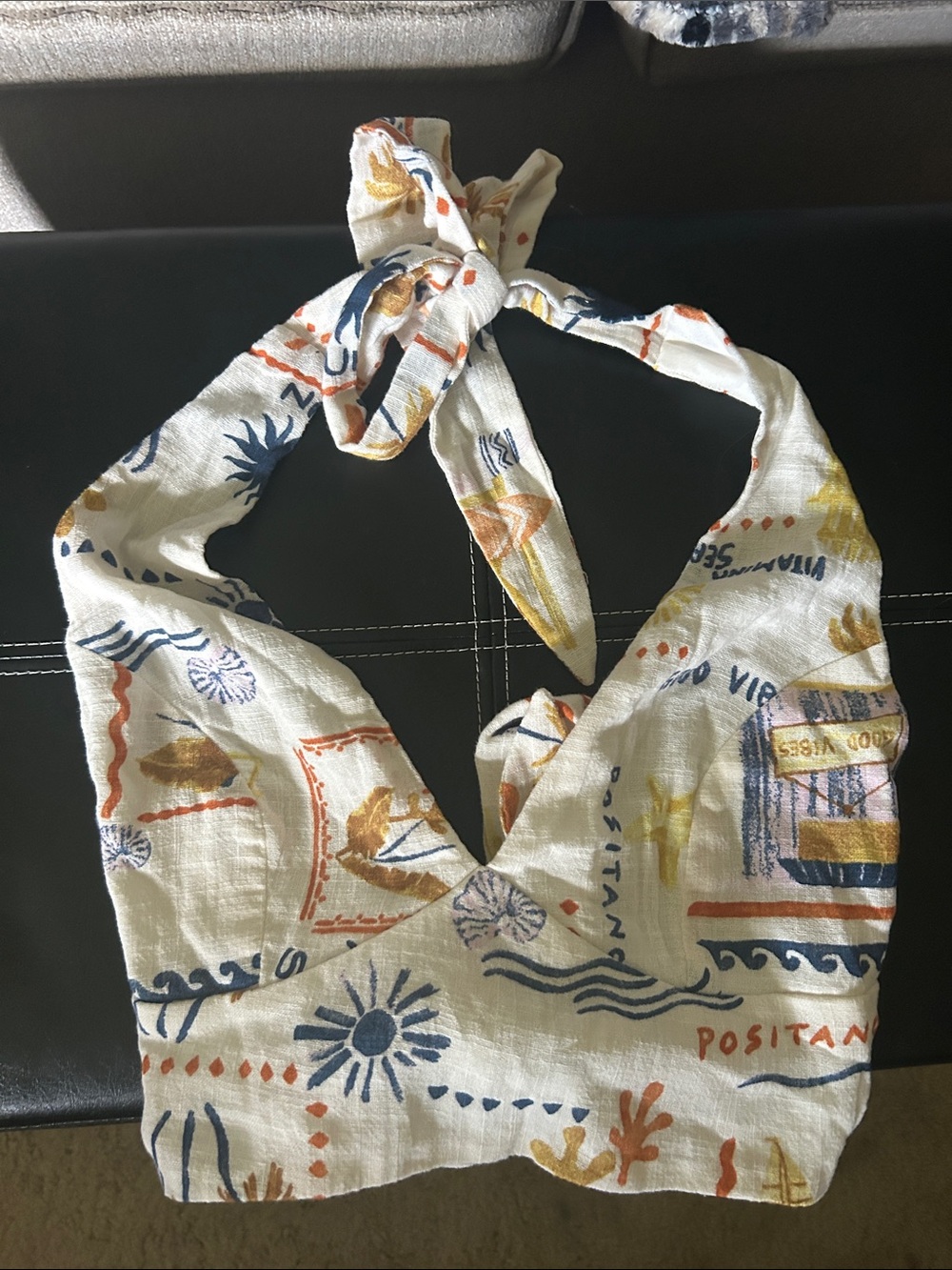White Printed Halter Crop Top & Wrap Skirt Set - Blue & Gold Motif - Picture 6 of 8